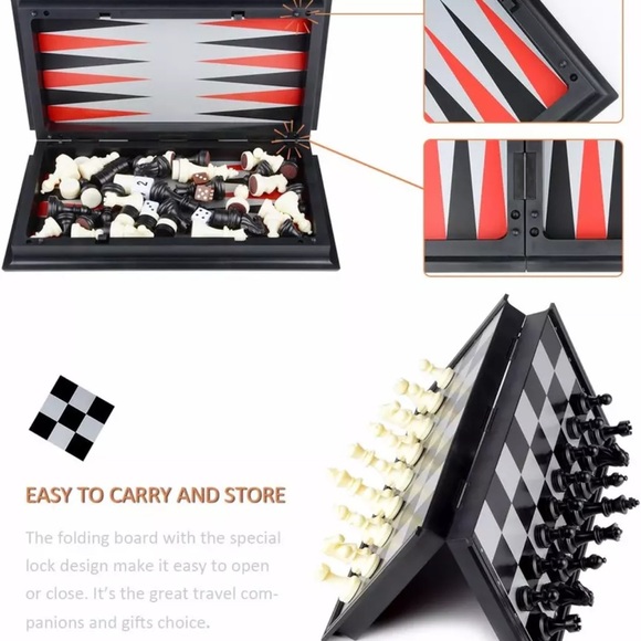 NEW Chess/Checkers/Backgammon Set, Portable Folding Travel Magnetic 3 In 1 Board - Picture 3 of 5